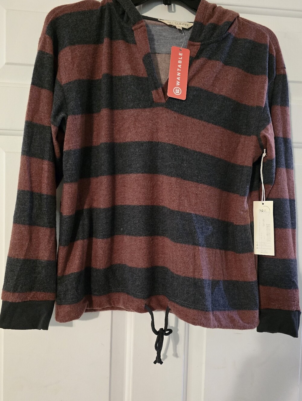 78 And Sunny Striped Hooded Pullover in Burgundy and Charcoal